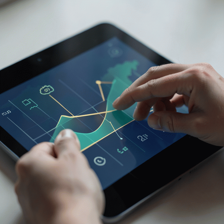 Tangan berinteraksi dengan antarmuka digital terpadu yang menggabungkan visualisasi proyek dan data keuangan.