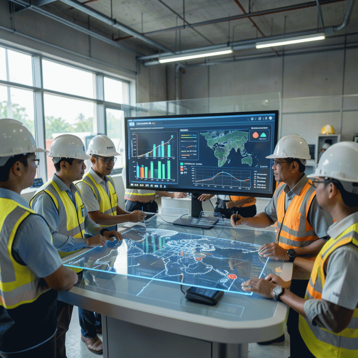 Seorang tim profesional di ruang kendali proyek konstruksi modern Indonesia, berinteraksi dengan tampilan holografik besar yang menampilkan data real-time progres proyek dan kontrol biaya.