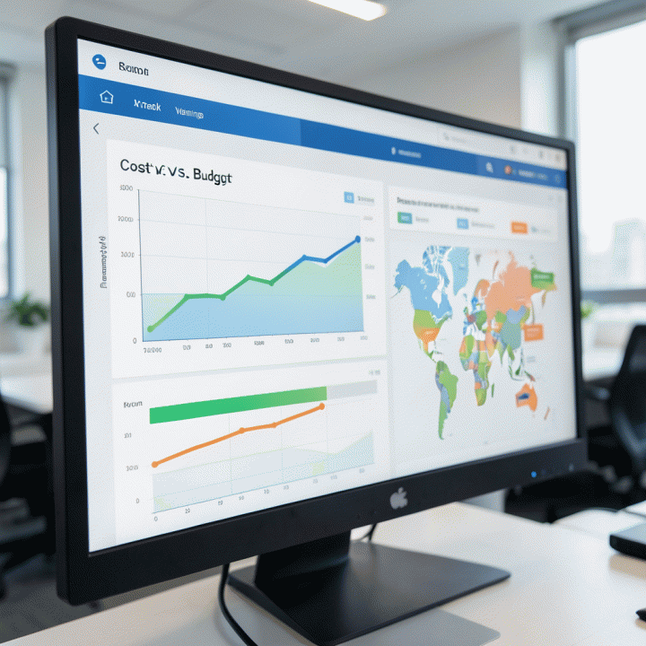 Dashboard digital yang menampilkan visualisasi progres proyek dan perbandingan biaya realisasi versus anggaran di kantor manajemen proyek.
