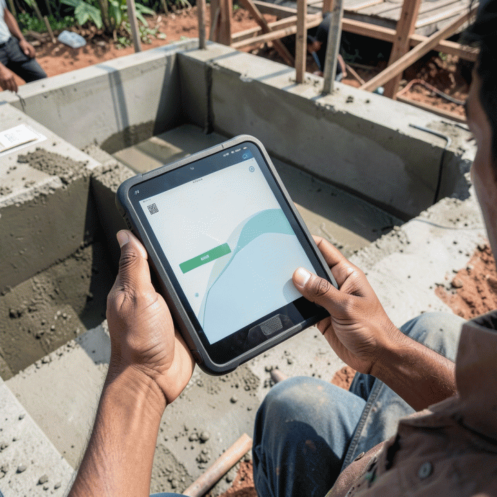 Petugas lapangan di lokasi konstruksi Indonesia menggunakan tablet tangguh untuk mencatat progres atau melacak material secara real-time.