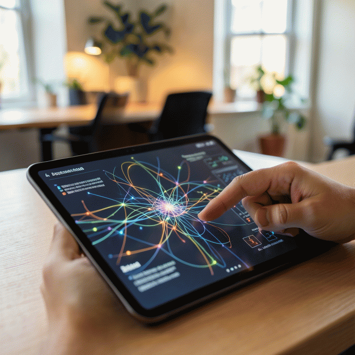 Tangan yang sedang berinteraksi dengan tablet yang menampilkan pola asesmen kognitif abstrak, menunjukkan proses pengukuran kemampuan berpikir.