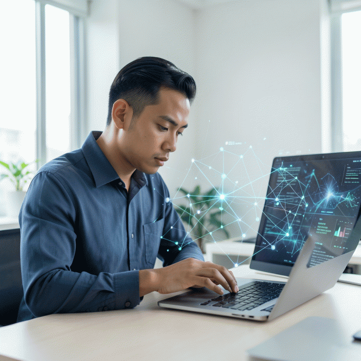 Profesional muda Indonesia yang fokus berinteraksi dengan antarmuka holografik yang menampilkan pola dan data kognitif, melambangkan asesmen potensi diri.