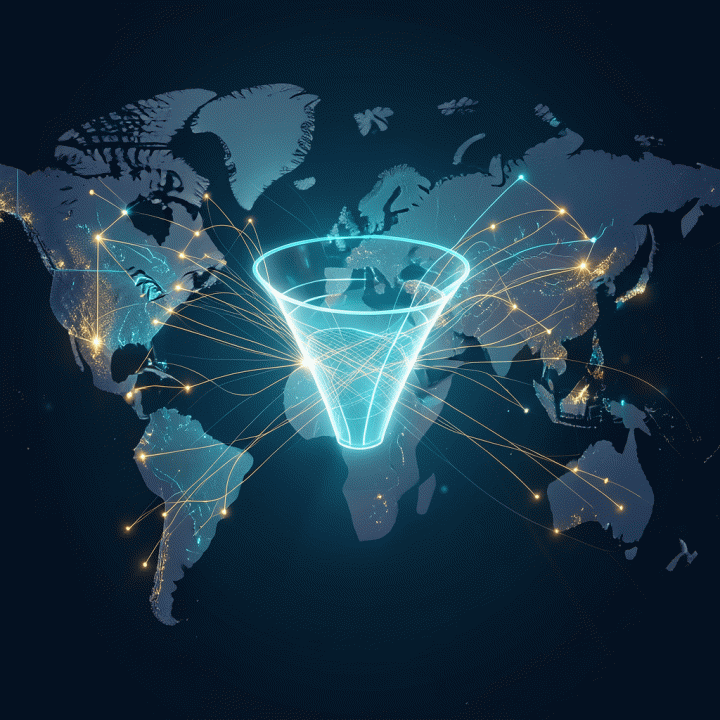 Visualisasi abstrak aliran prospek (lead) global yang terintegrasi dan efisien melalui teknologi AI.