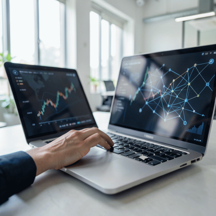 Tangan profesional menggunakan laptop yang menampilkan visualisasi data pasar yang kompleks, melambangkan riset pasar berbasis AI.