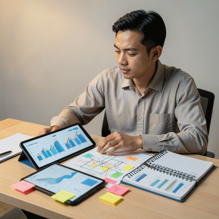 Pengusaha kecil Indonesia sedang merencanakan anggaran marketing di meja kerja yang rapi, menunjukkan fokus dan strategi keuangan.