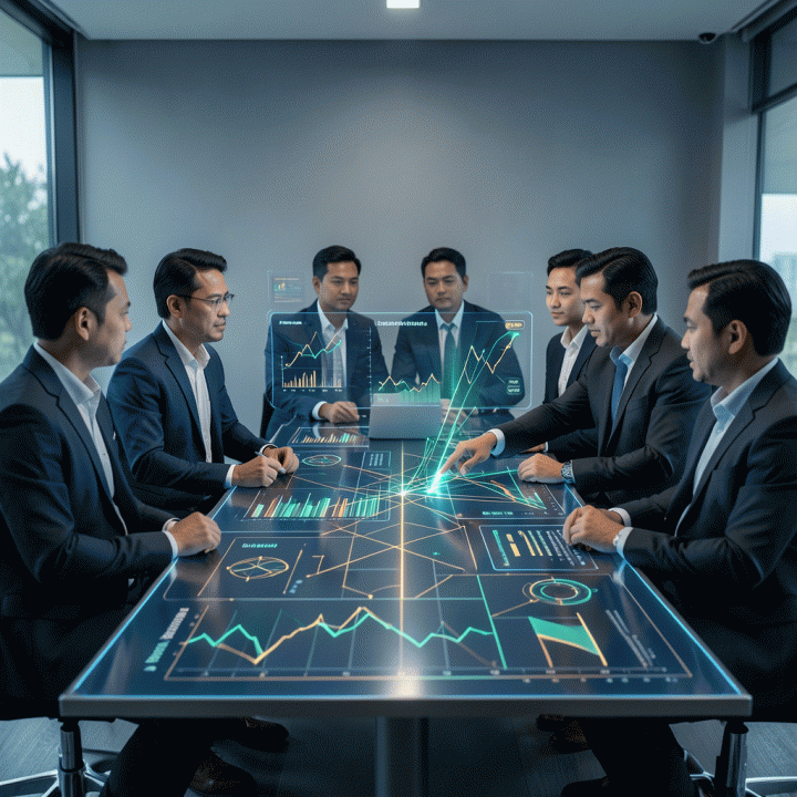 Manajer pemasaran dan pemilik bisnis di ruang rapat modern berinteraksi dengan visualisasi data holografik yang menunjukkan optimalisasi alokasi anggaran pemasaran dan ROI.