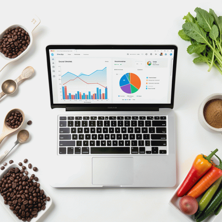 Tampilan atas (flat lay) laptop yang menunjukkan visualisasi dashboard keuangan untuk menghitung biaya operasional F&amp;B.