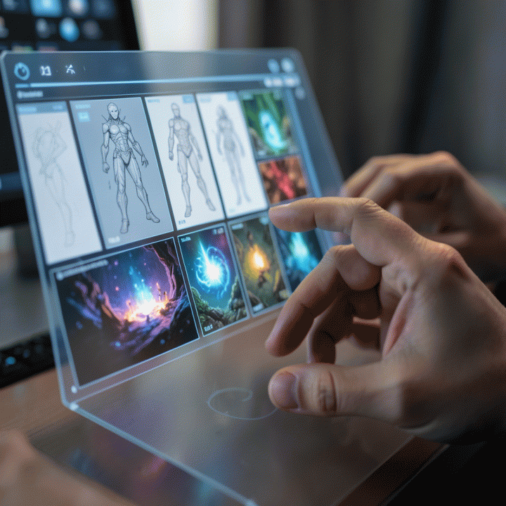 Tangan seniman digital berinteraksi dengan antarmuka hologram AI yang menampilkan berbagai aset game siap pakai.