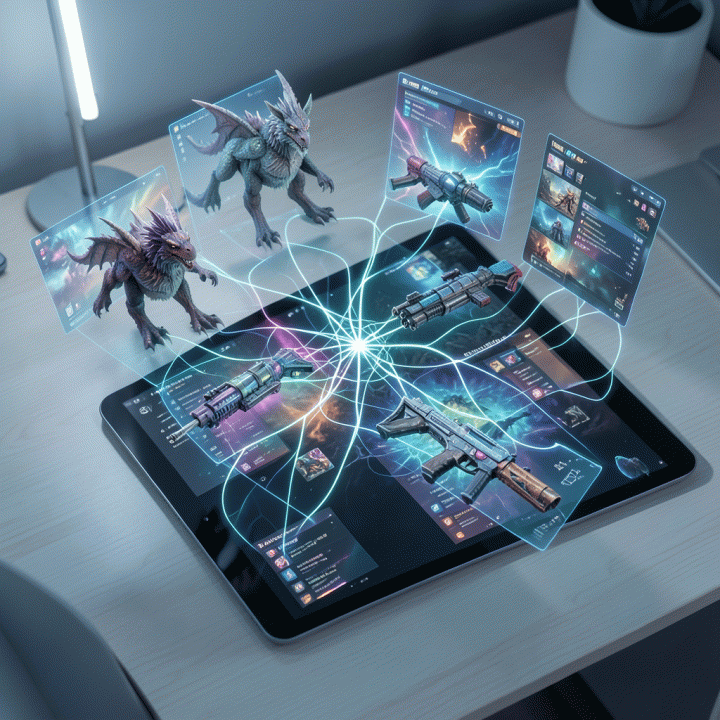 Pengaturan kerja digital futuristik yang menunjukkan proses pembuatan aset game menggunakan kecerdasan buatan, dengan model 3D dan data AI yang bersinar.