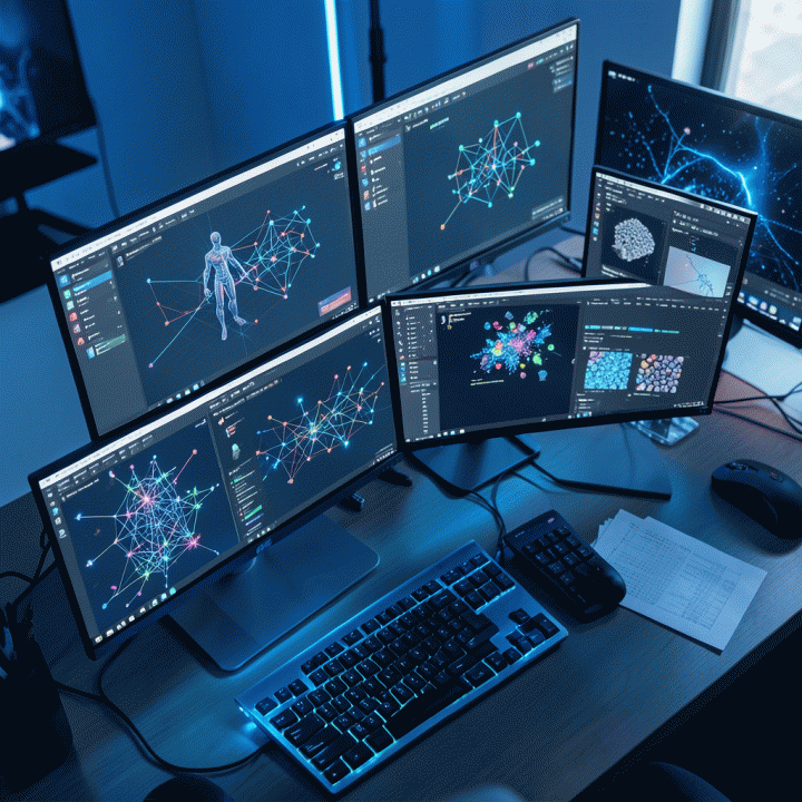 Tampilan meja kerja developer dengan monitor yang menampilkan dashboard dan antarmuka abstrak yang mewakili alur kerja pengembangan aset game.