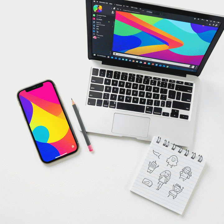 Tampilan atas (flat lay) dari perlengkapan content creator: mockup thumbnail YouTube yang menarik, laptop, dan alat tulis, melambangkan proses pembuatan konten yang terstruktur.