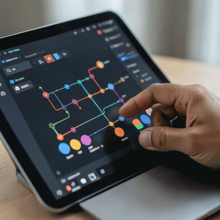 Tangan yang sedang menggunakan tablet atau laptop, menampilkan antarmuka alur kerja desain grafis AI yang abstrak dan intuitif, menekankan kemudahan proses.