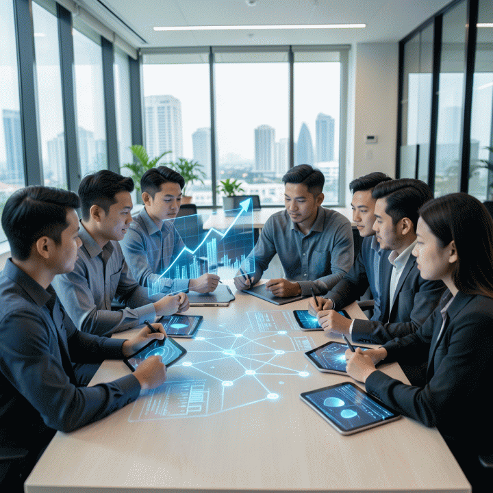Sejumlah profesional muda Indonesia berkolaborasi di ruang kerja modern, menganalisis data dan merumuskan ide bisnis digital di atas meja yang dipenuhi visualisasi data holografik.