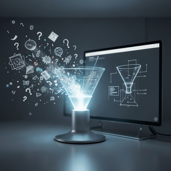 Visualisasi abstrak sebuah ide mentah yang diproses melalui mesin AI menjadi rencana bisnis digital yang terstruktur.