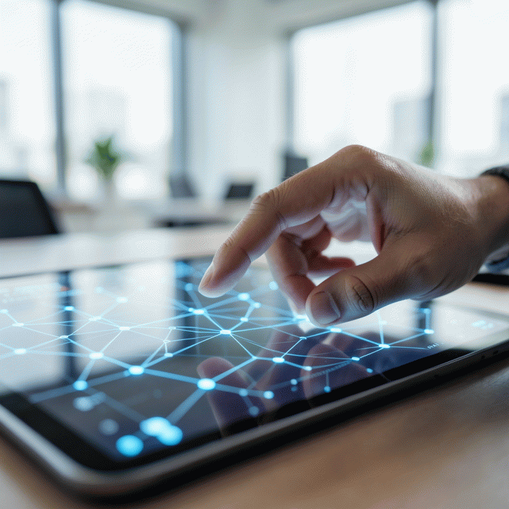 Tangan yang berinteraksi dengan antarmuka holografik, menunjukkan visualisasi jaringan data yang kompleks untuk mengidentifikasi celah pasar.
