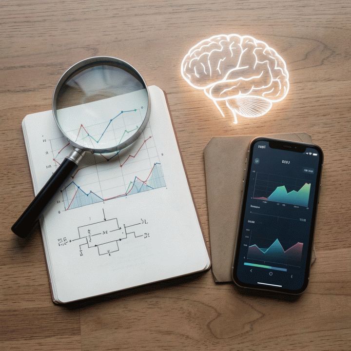 Komposisi flat lay berisi simbol-simbol strategi bisnis: kaca pembesar di atas grafik, diagram alir, dan smartphone dengan dashboard data abstrak.