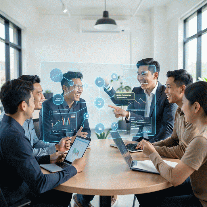 Sejumlah founder startup Indonesia yang bersemangat menganalisis data pasar dan menemukan celah niche viral menggunakan antarmuka AI holografik.