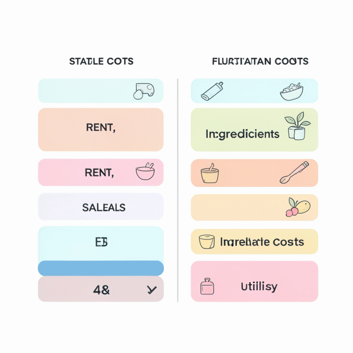 Visualisasi biaya tetap dan biaya variabel untuk bisnis F&amp;B dalam format perbandingan dua kolom.