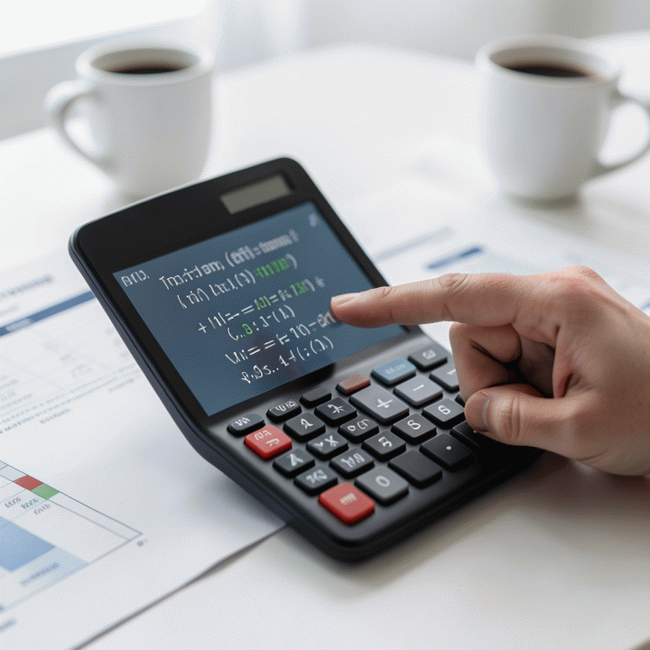 Tangan menunjuk rumus margin keuntungan yang jelas pada layar kalkulator digital.