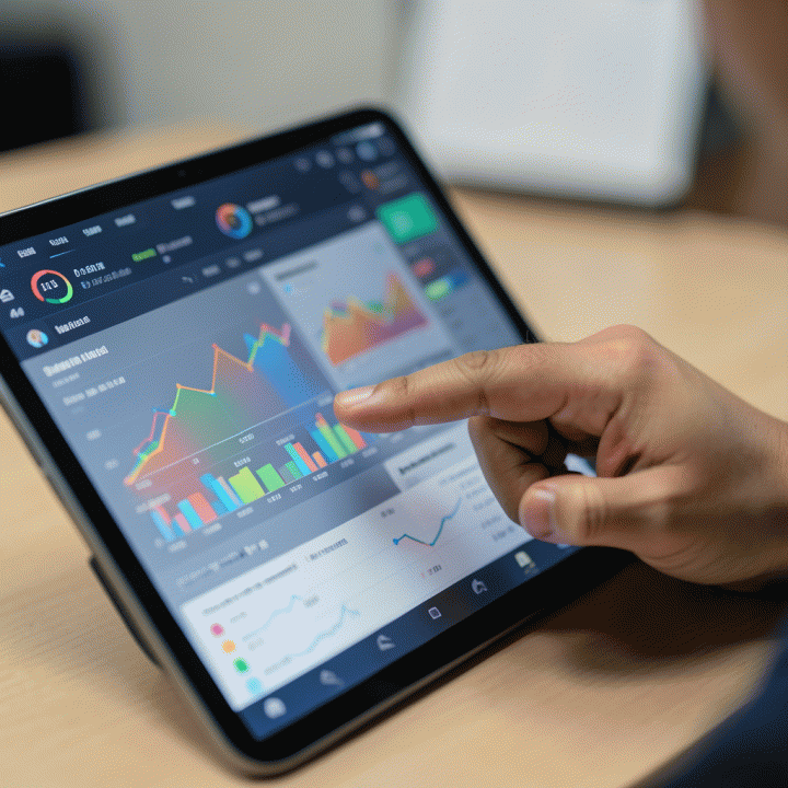 Tangan profesional yang sedang menganalisis dashboard analitik bisnis di tablet, menunjukkan visualisasi data pertumbuhan.