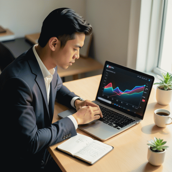 Seorang pengusaha muda Indonesia yang fokus menganalisis data pertumbuhan bisnis di laptop modern, menunjukkan tren peningkatan penjualan e-commerce.