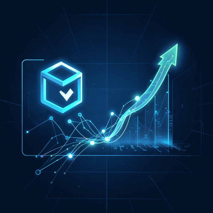 Visualisasi abstrak aliran data dan kecerdasan buatan yang mengarah pada pertumbuhan dan optimasi bisnis e-commerce.