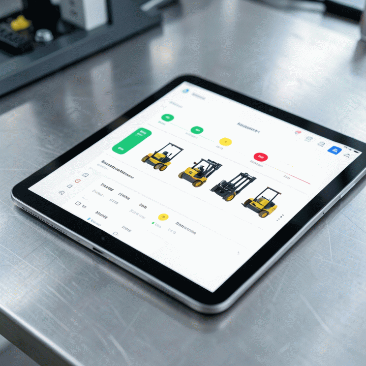 Tampilan tablet digital yang menunjukkan manajemen inventaris alat berat secara real-time, menyimbolkan digitalisasi operasional rental.