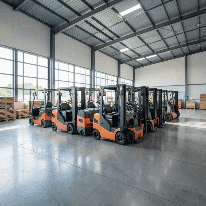 Tampilan sinematik gudang industri modern di Cikarang yang menampilkan beberapa unit forklift listrik yang rapi, melambangkan efisiensi operasional dan peluang bisnis sewa alat berat.