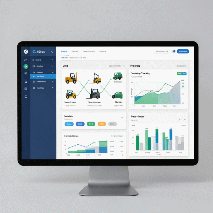Visualisasi dashboard manajemen digital yang abstrak, menampilkan pelacakan inventaris dan penjadwalan operasional sewa alat berat secara real-time.