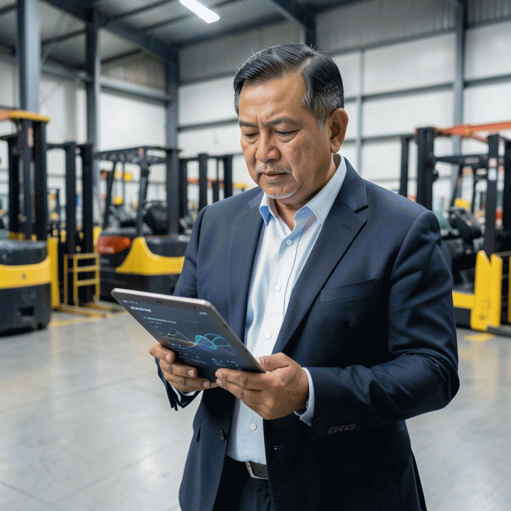Manajer bisnis Indonesia yang profesional sedang menggunakan tablet di gudang industri yang rapi, menunjukkan aspek pengambilan keputusan dan studi kasus keberhasilan bisnis.