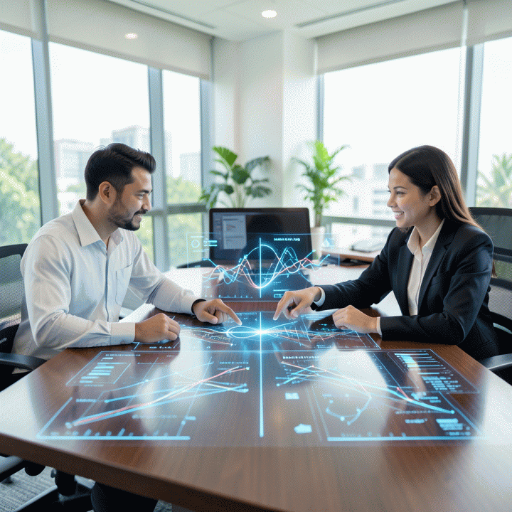 Dua profesional pemasaran berdiskusi di sekitar visualisasi data holografik yang menunjukkan celah peluang pasar dari analisis data kompetitor.