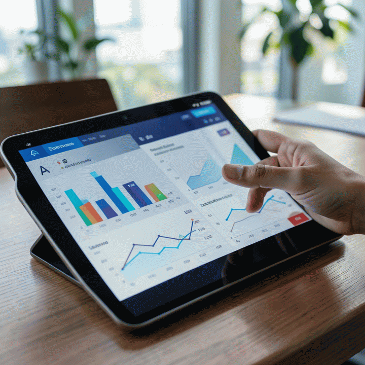 Tangan menunjuk ke dashboard data abstrak yang menunjukkan perbedaan strategi kompetitor, mengidentifikasi celah pasar.