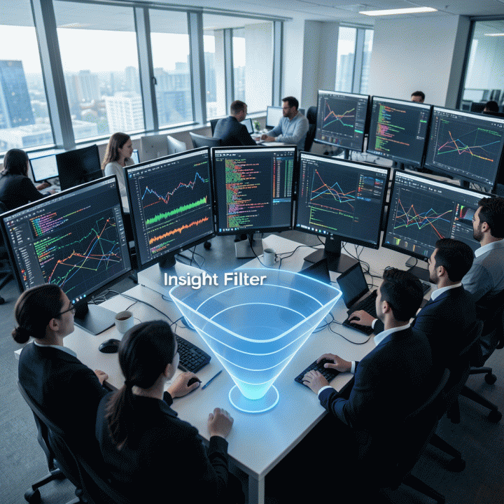 Tim bekerja di kantor modern, memfilter data yang kompleks (data overload) menjadi satu insight yang jelas dan actionable.