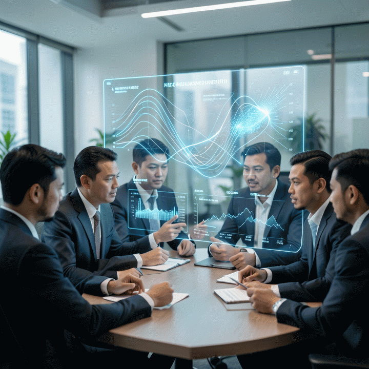 Tim profesional digital marketing menganalisis data statistik kompetitor pada layar holografik untuk menemukan celah pasar yang menguntungkan.