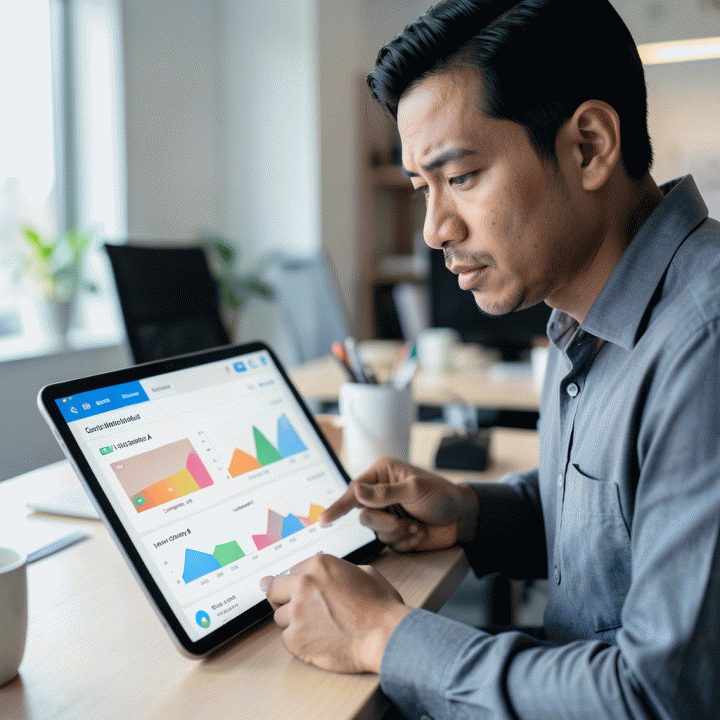 Manajer pemasaran menganalisis perbandingan data iklan kompetitor pada tablet untuk menemukan keunggulan strategis.