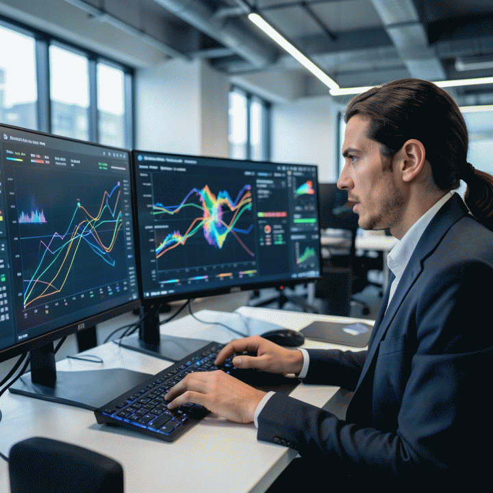 Seorang profesional pemasaran digital yang fokus menganalisis data kompetitor yang kompleks pada layar monitor berteknologi tinggi, menemukan celah strategi pasar.