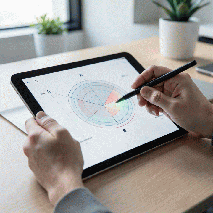 Tangan yang menggunakan stylus pada tablet untuk menganalisis perbandingan data kompetitor dan mengidentifikasi celah pasar.