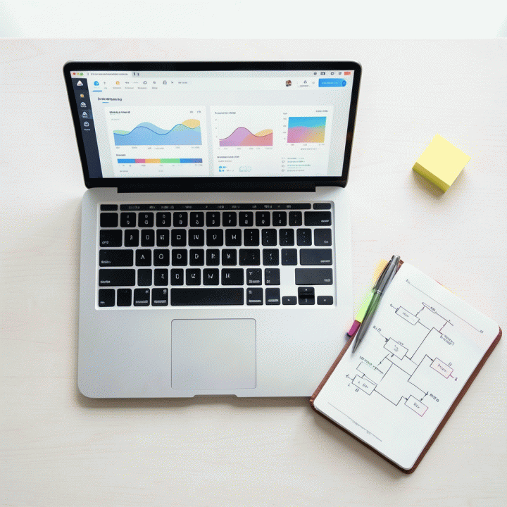 Tampilan meja kerja yang terorganisir dengan laptop menampilkan dashboard data abstrak, menunjukkan proses perumusan strategi pemasaran.