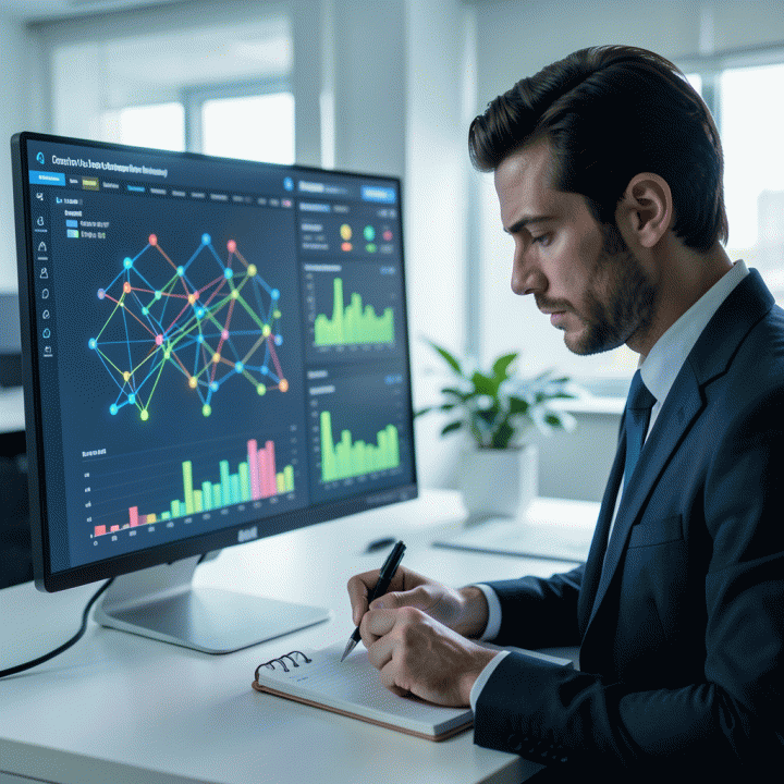 Seorang analis data profesional sedang menganalisis dashboard digital yang kompleks, menunjukkan proses identifikasi celah kompetitor dan mengubah data mentah menjadi insight strategis.