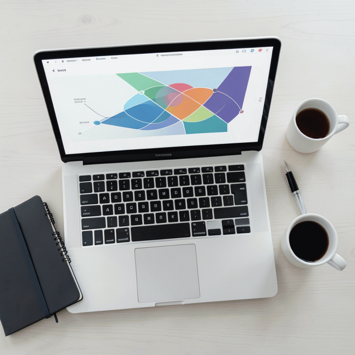 Tampilan meja kerja yang rapi dengan laptop yang menampilkan visualisasi data, melambangkan proses mengubah data besar menjadi strategi pemasaran yang konkret.