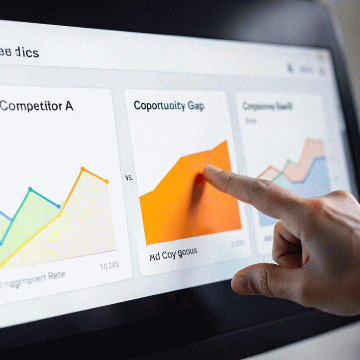 Tampilan antarmuka aplikasi analitik yang membandingkan data iklan kompetitor, menyoroti celah pasar yang belum tergarap (opportunity gap).