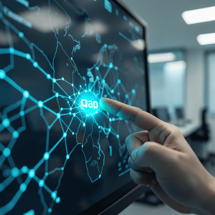 Tangan yang menunjuk ke peta data digital yang menunjukkan celah atau peluang pasar yang teridentifikasi.