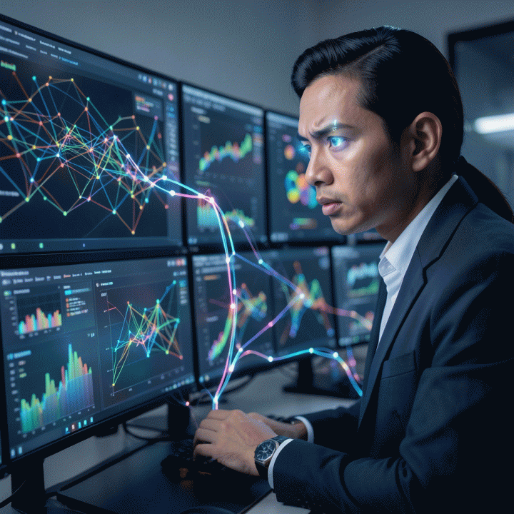 Seorang analis data profesional di ruangan modern yang sedang menganalisis visualisasi data kompleks di banyak layar monitor, menemukan pola dan celah pasar tersembunyi.