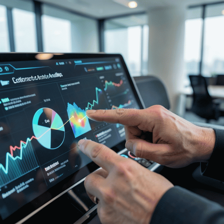 Tangan seorang profesional yang berinteraksi dengan dashboard data canggih untuk mengidentifikasi celah pasar dan pola kompetitor.