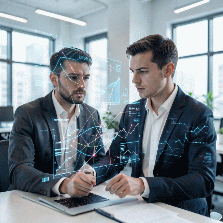 Seorang ahli strategi pemasaran digital yang fokus menganalisis visualisasi data pasar yang kompleks dan celah kompetitor pada proyeksi holografik canggih.