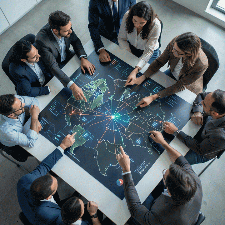 Tim profesional berkolaborasi di sekitar meja digital untuk merumuskan strategi pemasaran berdasarkan analisis data pasar yang kompleks.