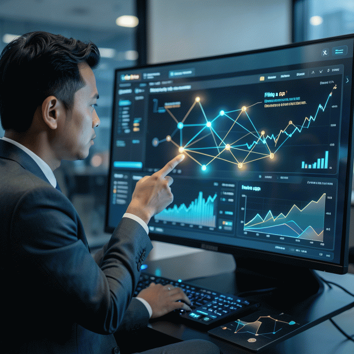 Analisis data pasar digital yang kompleks pada dashboard canggih, menunjukkan identifikasi celah peluang kompetitor oleh seorang profesional bisnis.