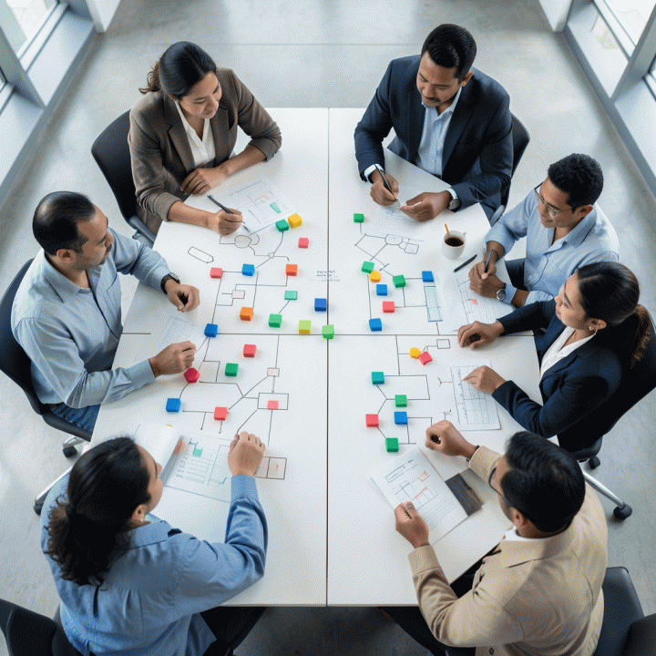 Sesi brainstorming kolaboratif dengan visualisasi strategi pasar menggunakan blok warna abstrak di atas meja.
