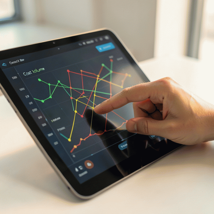 Tangan menganalisis dashboard keuangan di tablet untuk menentukan hubungan antara biaya, volume, dan harga.