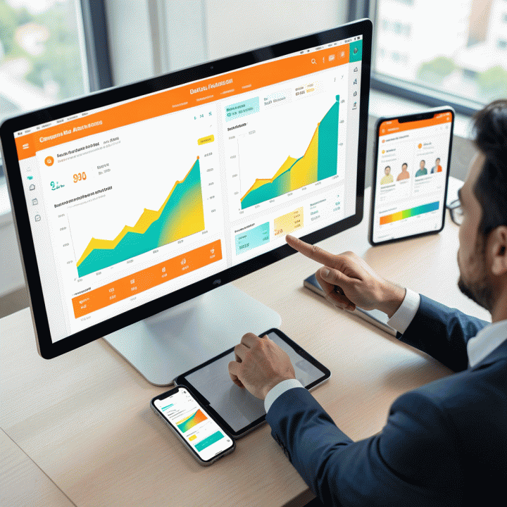 Seorang profesional sedang menganalisis dashboard data bisnis e-commerce yang canggih di atas beberapa layar monitor dan tablet, menunjukkan tren pertumbuhan penjualan online secara visual yang positif.